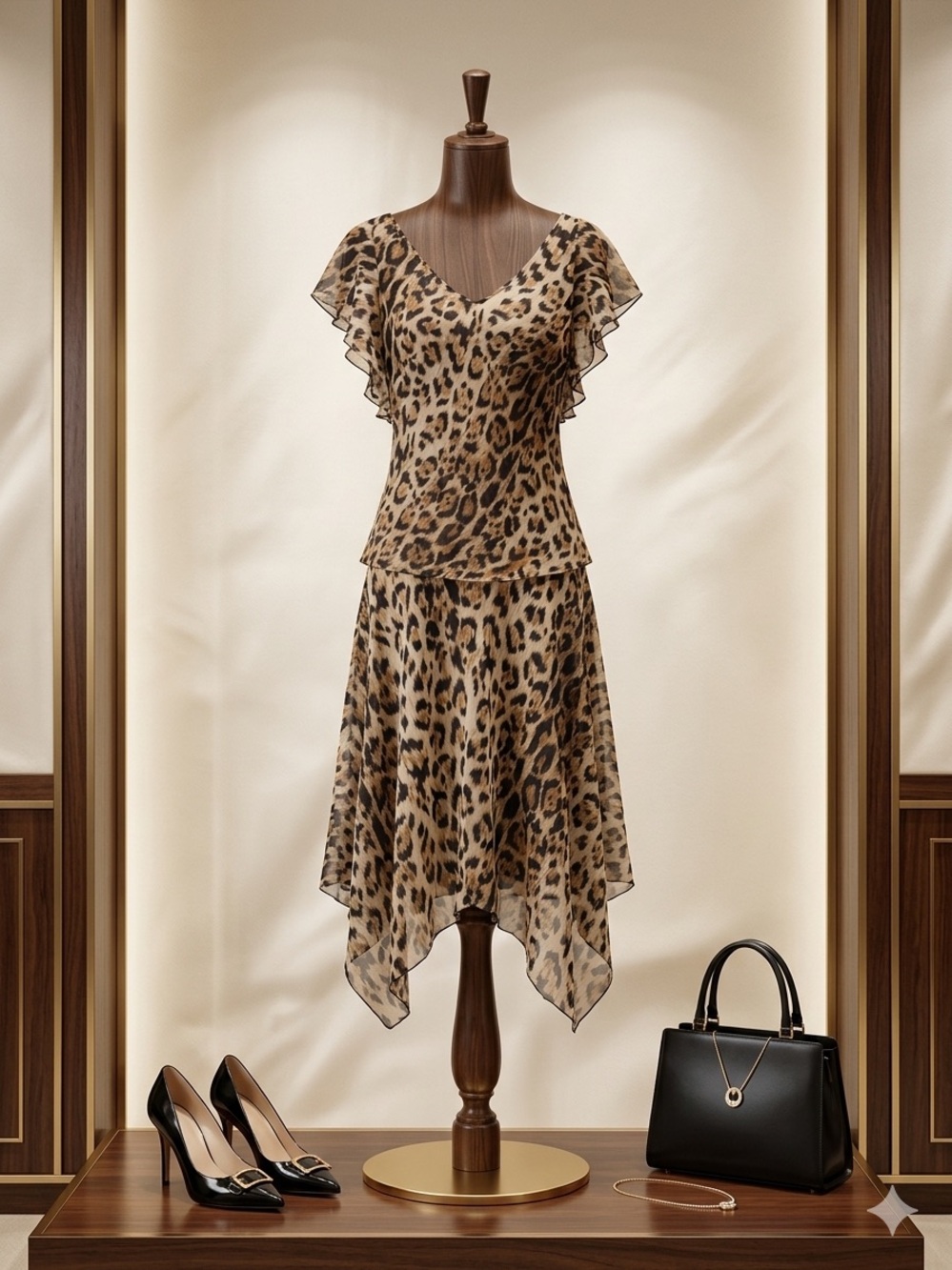 Leopard Print V-Neck Flow Shirt and Skirt Set